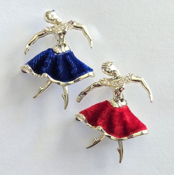 Unbranded Jewelry - VTG 60s Silver Tone Metal Blue Red Velvet Ballerina Dancer Moving Skirt Brooches